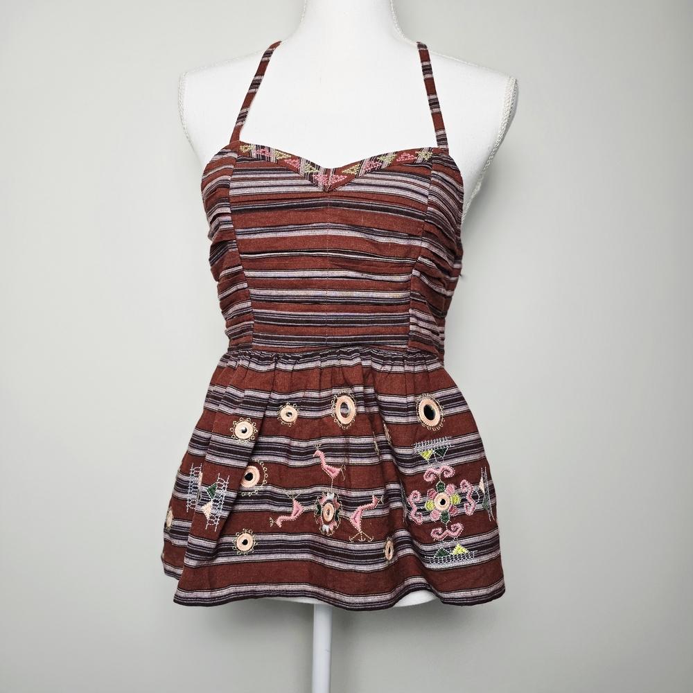 Altar'd State Brown & Pink Striped Halter peplum Blouse